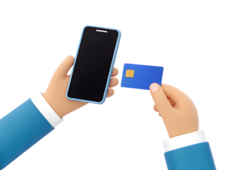 Hand holding a phone and credit card isolated on transparent background