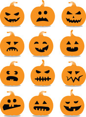 Twelve cartoon pumpkins with different carved faces expressing a variety of Halloween emotions arranged in a grid.