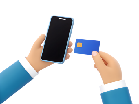 Hand holding a phone and credit card isolated on transparent background - Powered by Adobe