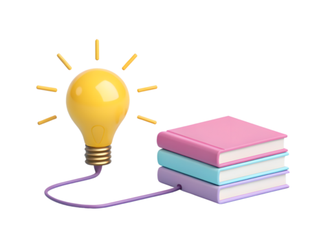 Light bulb connected to books isolated on transparent background