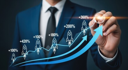 Business growth chart with rockets and percentages graph success