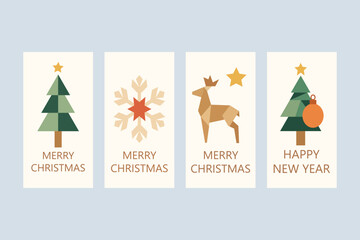 Geometrical Christmas cards display festive tree, snowflake, reindeer, and bauble shapes for winter celebration