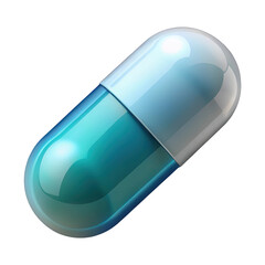 Single blue and white medical capsule pill for healthcare isolated macro shot 3d illustration isolated on transparent background