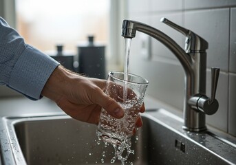 Man filling a glass with fresh clean tap water from a kitchen sink faucet.