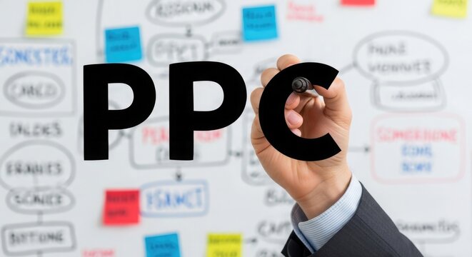 Hand writing PC on a whiteboard with flowcharts pay per click