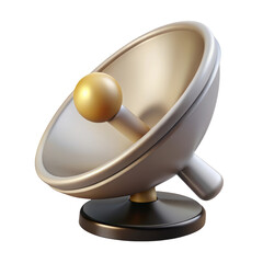 Modern satellite dish in silver and gold communication technology antenna broadcast system 3d illustration isolated on transparent background