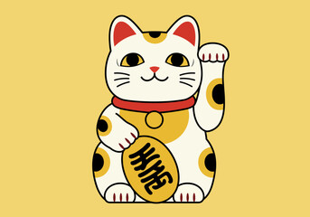 Cartoon Maneki Neko with Raised Paw and Coin on Yellow Background.