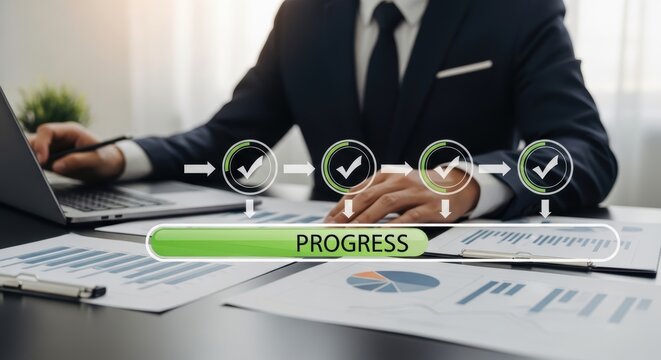 Businessman working on laptop with progress chart graphs