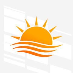 The flat design concept for the sun rising over the ocean focuses on simplicity, elegance, and ease of recognition.