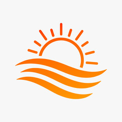 The flat design concept for the sun rising over the ocean focuses on simplicity, elegance, and ease of recognition.