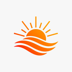 The flat design concept for the sun rising over the ocean focuses on simplicity, elegance, and ease of recognition.