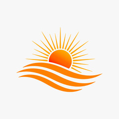 The flat design concept for the sun rising over the ocean focuses on simplicity, elegance, and ease of recognition.