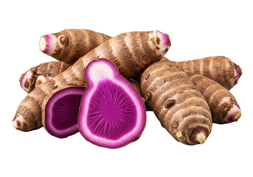 Multiple fresh Krachai Dam roots, one precisely sliced in half displaying vibrant deep purple flesh, rough brownish-tan skin, against a clean transparent background. Concept of pristine freshness and