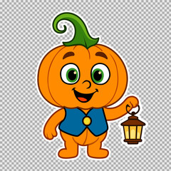 Fototapeta premium Cartoon pumpkin head character with lantern, cute Halloween mascot illustration. Cheerful cartoon character with a pumpkin head, big green eyes, and a wide smile, holding a glowing lantern