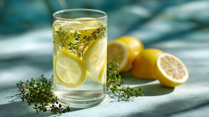 Fototapeta premium Lemon water herb glass slice fresh summer detox citrus thyme drink. Refreshing lemon water with thyme in clear glass under sunlight