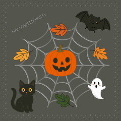   Spider web, laughing pumpkin, black cat, bat, ghost