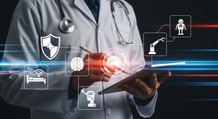 Doctor using tablet with futuristic healthcare technology icons image