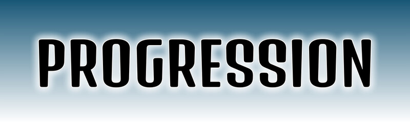 Progression Typography with Dark Blue-to-Light Gray Gradient Glow — Bold Black Capital Letters with White Outline Centered on Clean Background for Development, Sequencing, Branding, or Inspirational