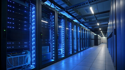 Modern data center with rows of servers and blue led lighting