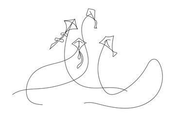 Minimalist one line art of kites flying in the sky with birds and a boy holding string. Simple outline sketch for design, print, and illustration