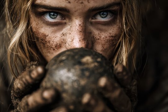 Survival challenge young girl in muddy terrain holding a stone outdoor setting intimate close-up resilience theme - Powered by Adobe