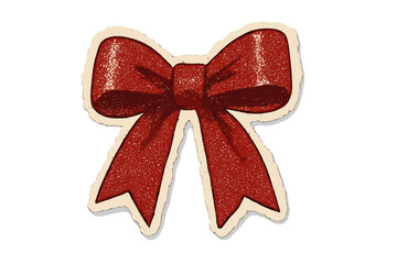 Red bow Christmas sticker. Halftone collage torn paper effect. Scrapbook clipping cut out. Retro vector gift ribbon illustration. Holiday present decoration. Festive glitter texture.