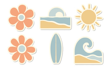 Groovy boho sticker set with retro 70s vibes. Naive vector illustrations of flower, sun, sea wave, and surfboard for summer beach vacation and surf club aesthetic clipart.