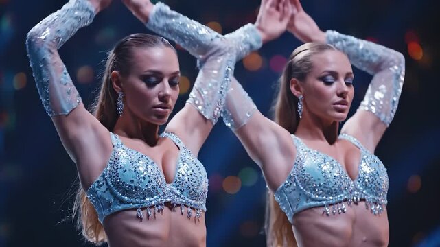 Two dancers with sparkly costumes perform under stage lights, as the dancers raise their arms in unison. The dancers' sequin outfits shimmer against the dark background.