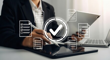 Person using tablet with digital checklist and checkmark icon task