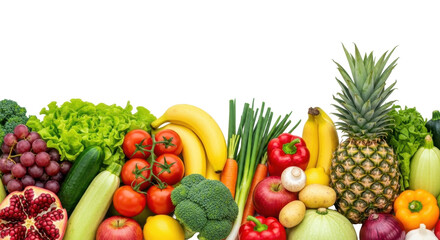 Isolated fresh fruits and vegetables arrangement for healthy eating concepts, food background