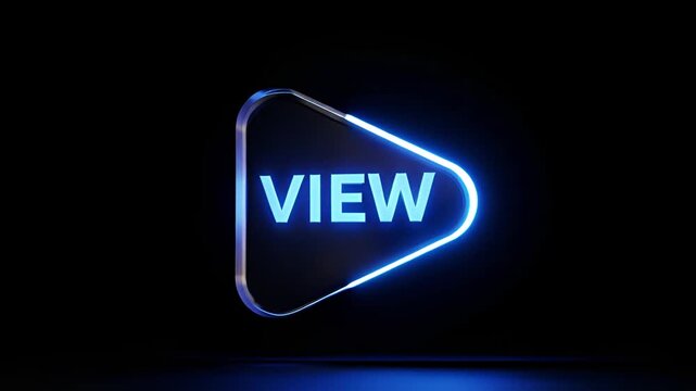 Glowing Blue Neon Play Button with VIEW Text.