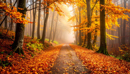 Fototapeta premium Foggy autumn forest path with golden leaves and morning light