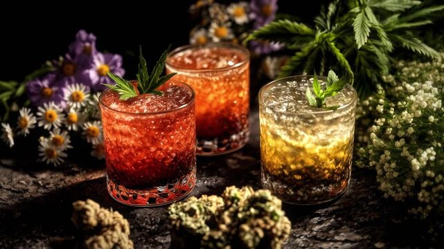Luxurious cocktails, cannabis buds, and colorful floral composition in bright sunlight