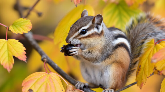 A close-up photograph of a chipmunk eating a small black berry in autumn foliage.