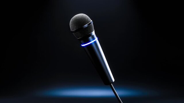 Modern studio microphone slowly rotating with a vibrant blue accent light