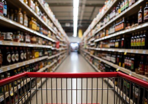 First person perspective from a shopping cart in a grocery store aisle.