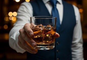 Elegant bartender in a vest offering a glass of whiskey with ice.
