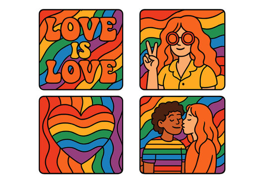 LGBT Pride Month banners collection. Groovy retro 70s style templates with queer slogans. Rainbow colors, love is love, diverse couple, peace sign. Vector illustration set.