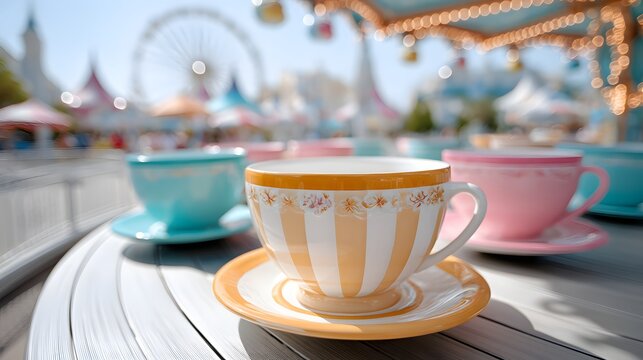 Colorful Tea Cups on Table in Amusement Park Setting