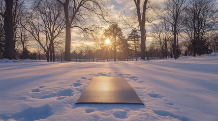 Yoga mat in snow-covered park at sunrise with trees in background
