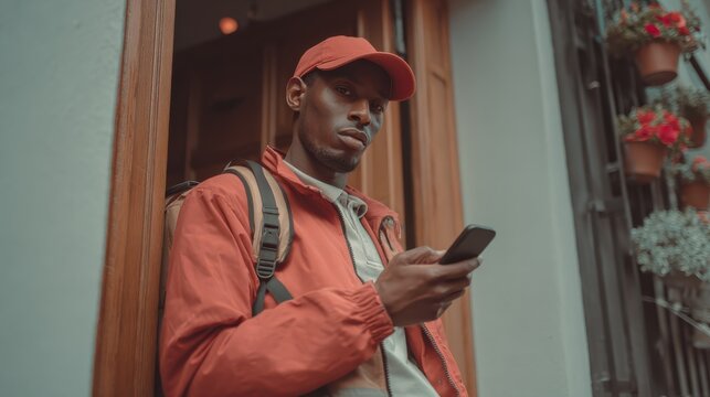 Casual man using smartphone urban environment lifestyle photography sidewalk youth culture