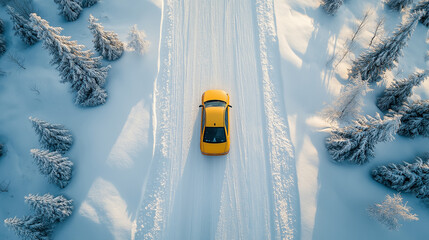 Yellow car driving on snowy road surrounded by winter forest