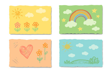 Set of colored paper sheets with torn edges and kids' drawings. Naive crayon art with sun, rainbow, flowers, heart. Cute hand drawn vector illustration for scrapbook notes.