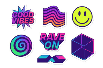Set of trendy retro futuristic stickers. Y2K rave culture elements with neon colors. Good vibes quote, smiley face, geometric shapes. 90s acid house party vector design pack.