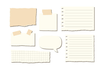 Scrapbook collage kit with torn paper scraps. Realistic vector set of ripped notebook sheets, grid paper, note with tape, memo sticker, beige blank message speech bubble.