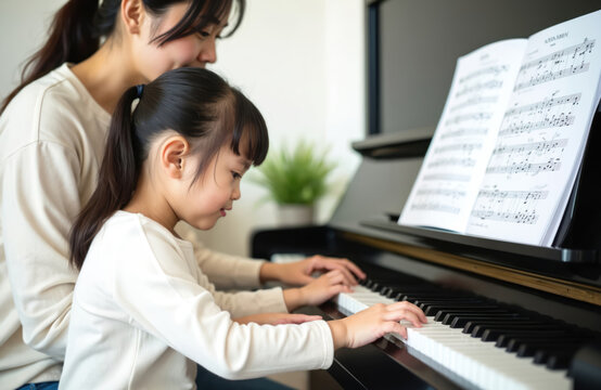 Japanese mother daughter play piano at home. Woman helps girl learning music. Female child practices piano keys, looks at music sheet, enjoys lessons. Music education concept.