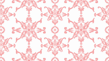 Elegant pink damask pattern on white background, perfect for vintage-themed textiles, wallpapers, and invitations with a classic ornamental touch.