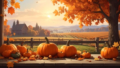 Cozy Autumn Window View of a Rural Farm Landscape.