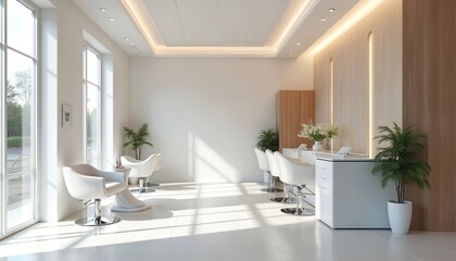 Modern beauty salon interior with white, light wood accents. Empty space with salon chairs, reception desk, plants, large windows, daylight. Clean, bright, minimalist aesthetic. Professional beauty