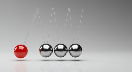 A single bold red ball positioned on the left of a stationary Newton's cradle, representing a unique first step or business initiative